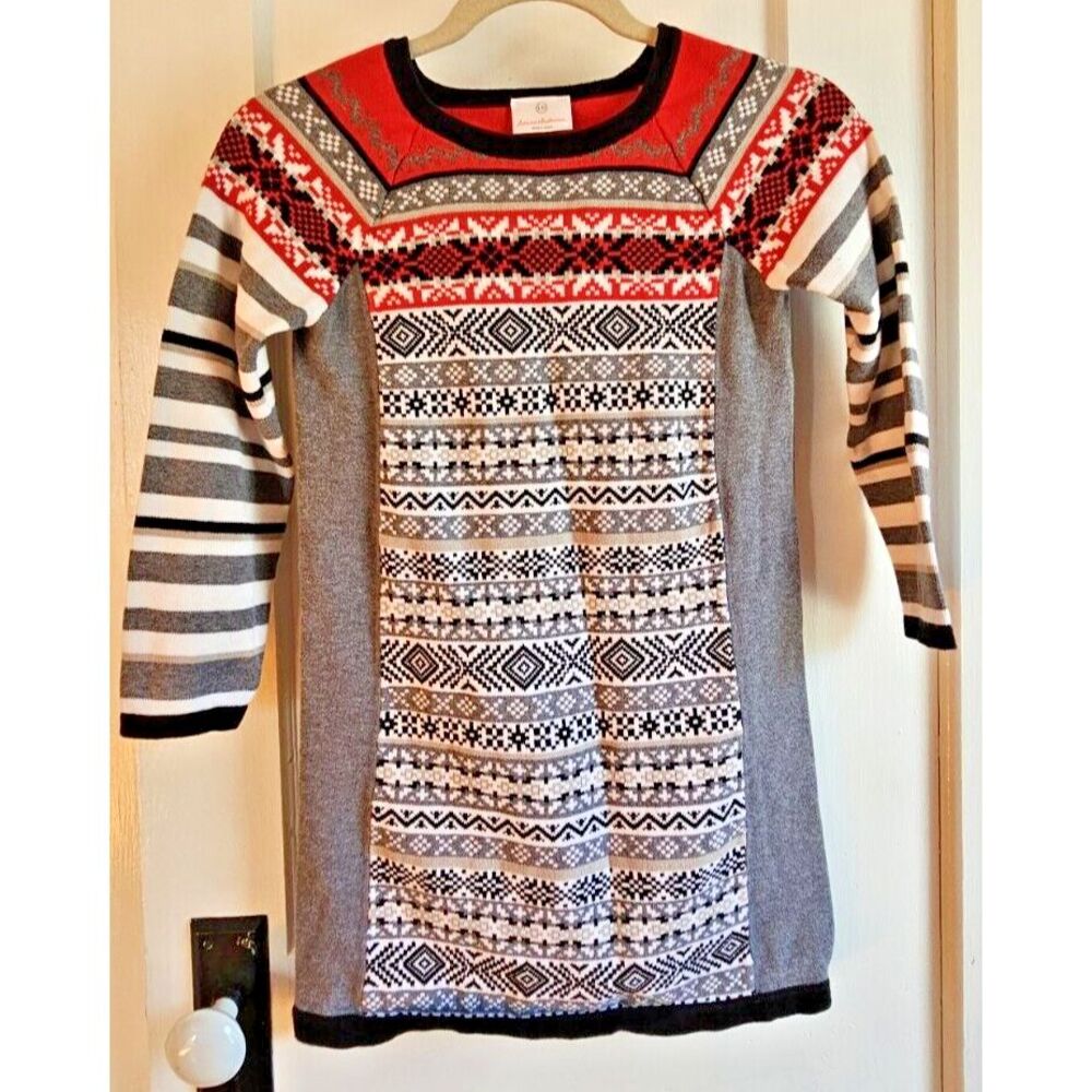 Hanna Andersson 100 Fair Isle Nordic Cotton Sweater Dress Grey Black Red 130/8